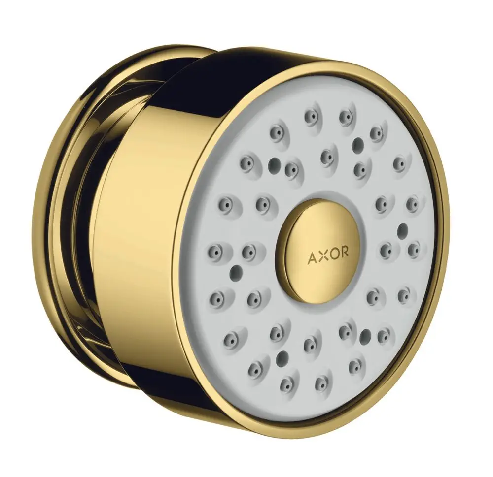 Runde Duschbrause mit goldener Oberfläche, ausgestattet mit gleichmäßigen Wasseröffnungen. Produkt von Hansgrohe, entworfen für moderne Badezimmer.